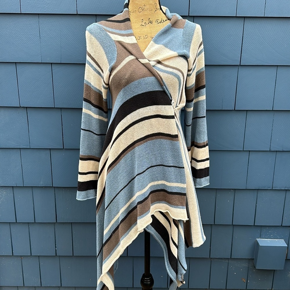 💙🤎🤍Goddis S/M blue tan cream black Naples sweater cardigan drape - Picture 8 of 10